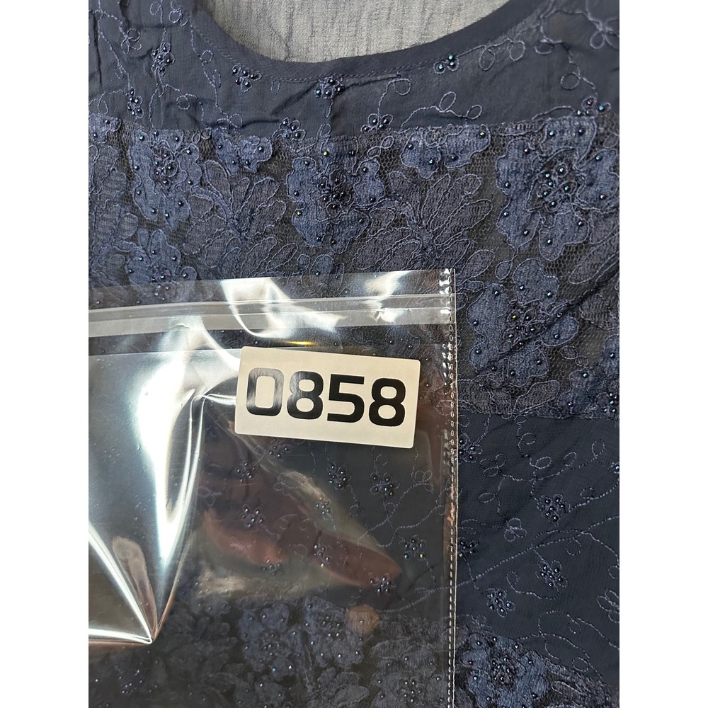 Compagnie Internationale Express Navy Blue Beaded Lace Sheer Sleeveless Top - Picture 6 of 6
